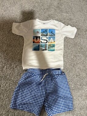 White USA Graphic Tee and Blue Gingham Shorts Swim Set